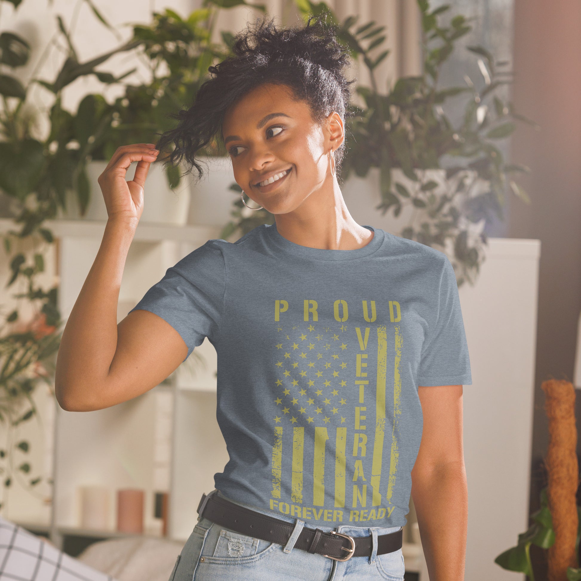 Proud Veteran Heather Indigo T-Shirt Model, Front