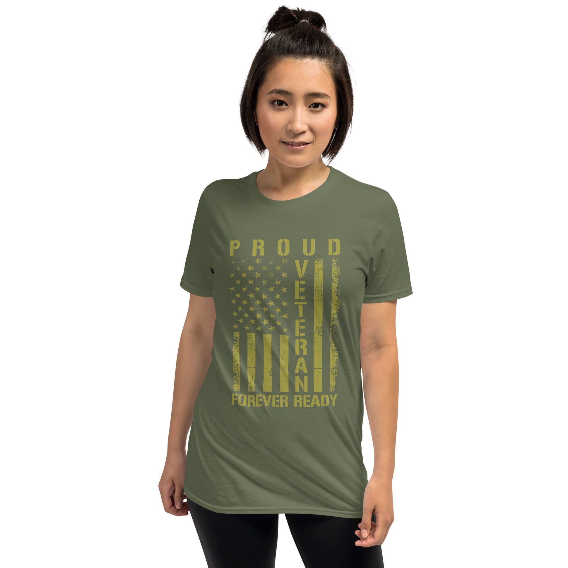 Proud Veteran Military Green T-Shirt Model, Front